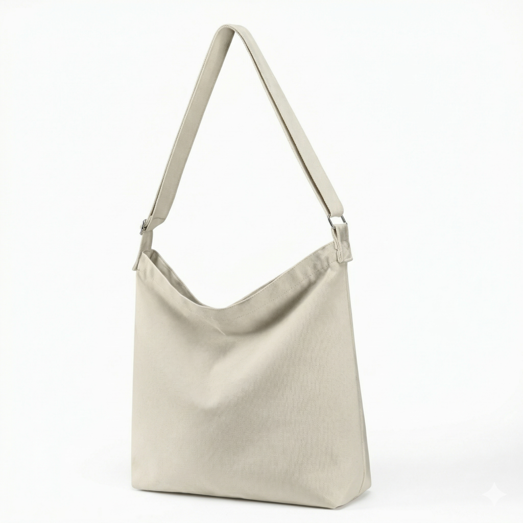 A beige canvas bag featuring a long strap, suitable for casual use or carrying essentials