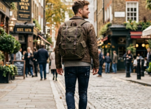 A man carrying a backpack walks along a cobblestone street, surrounded by historic buildings.