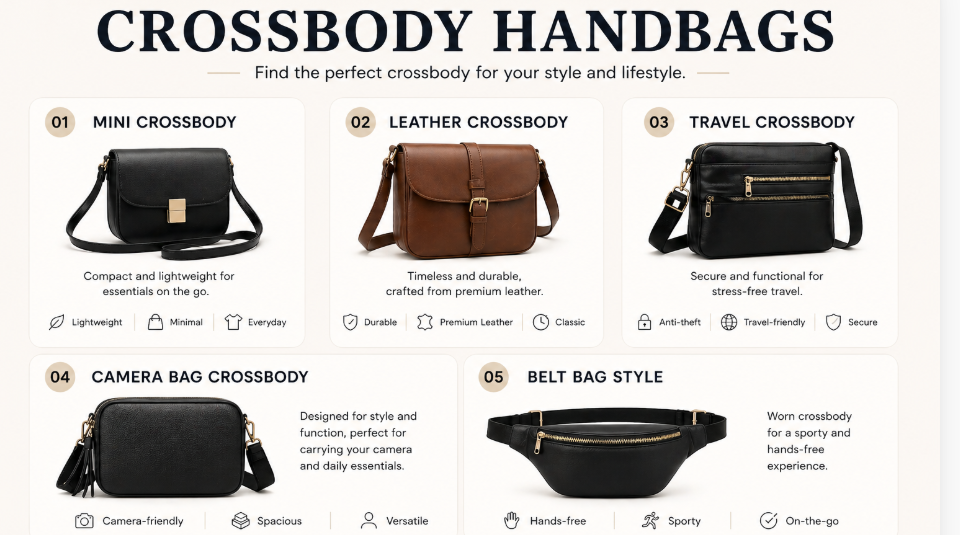 A selection of crossbody handbags displayed on the website, highlighting different designs and colors available for purchase.