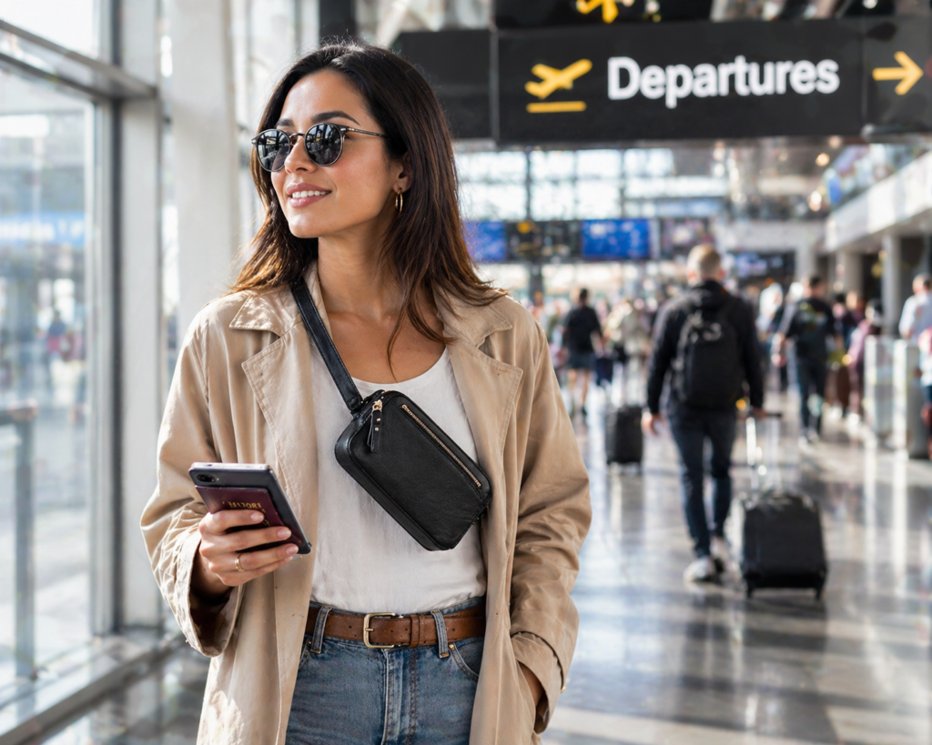 A woman at the airport holds her phone, appearing focused while surrounded by other passengers.