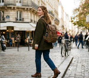 A woman carrying a backpack strolls down a street, with shops and pedestrians in the background.