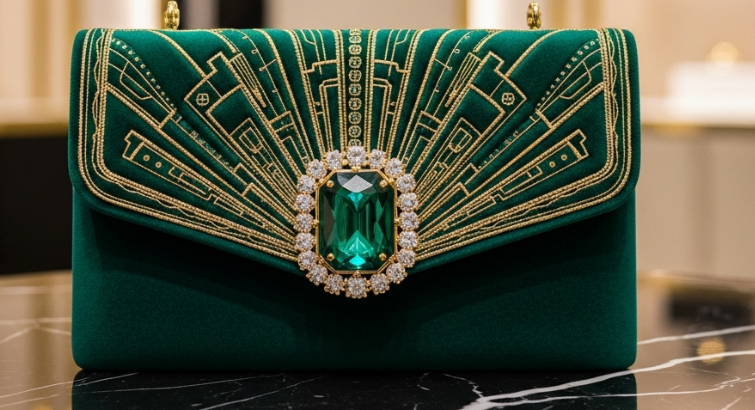 Emerald green clutch bag adorned with gold and emerald stones, showcasing an elegant and luxurious design.