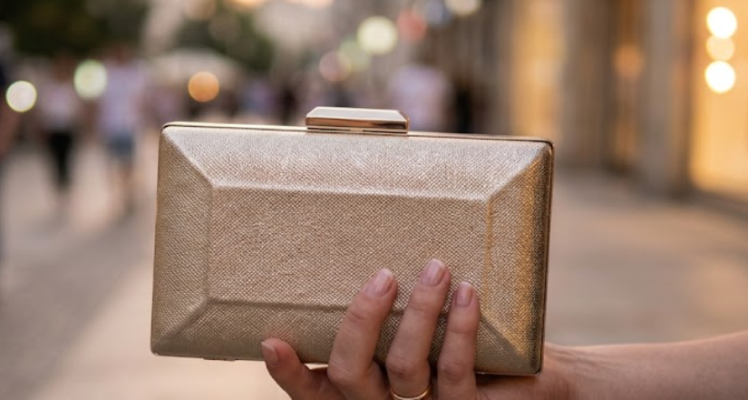 In an urban setting, a woman holds a gold clutch bag, highlighting her fashionable look against the city backdrop.