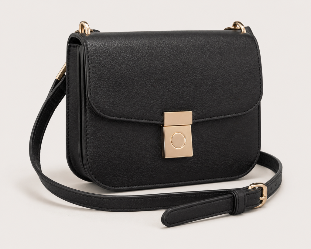 Sleek black crossbody bag adorned with gold hardware, perfect for a chic and sophisticated look.