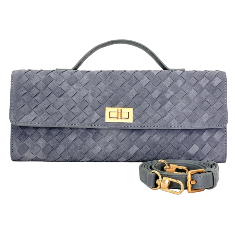 Stylish grey woven leather bag adorned with gold hardware details.