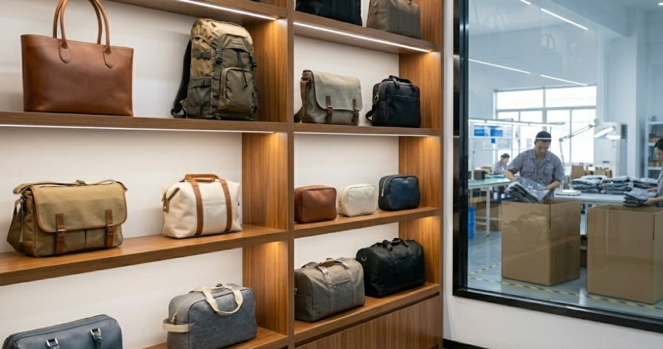 A diverse display of finished handbag types—totes, backpacks, cosmetic bags—in a modern factory showroom, with packing activity in the background symbolizing export readiness