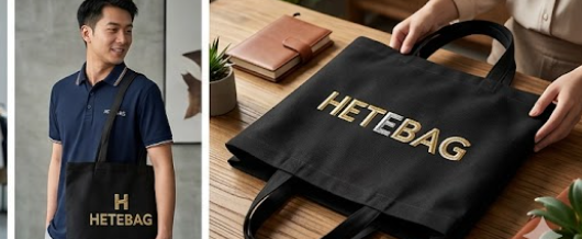 A man displays a bag with the word hetbag printed on it, emphasizing its unique style.