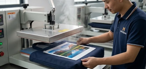 A man is engaged in operating a machine that manufactures bags.