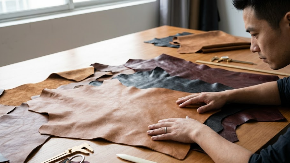 A professional craftsman carefully examines and selects premium full-grain leather hides on a wooden workbench