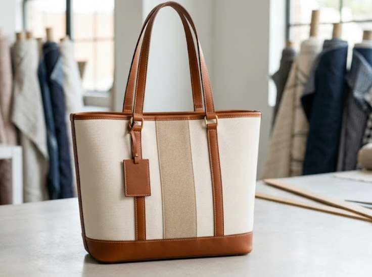 A stylish tote bag crafted from durable canvas and leather, perfect for everyday use.
