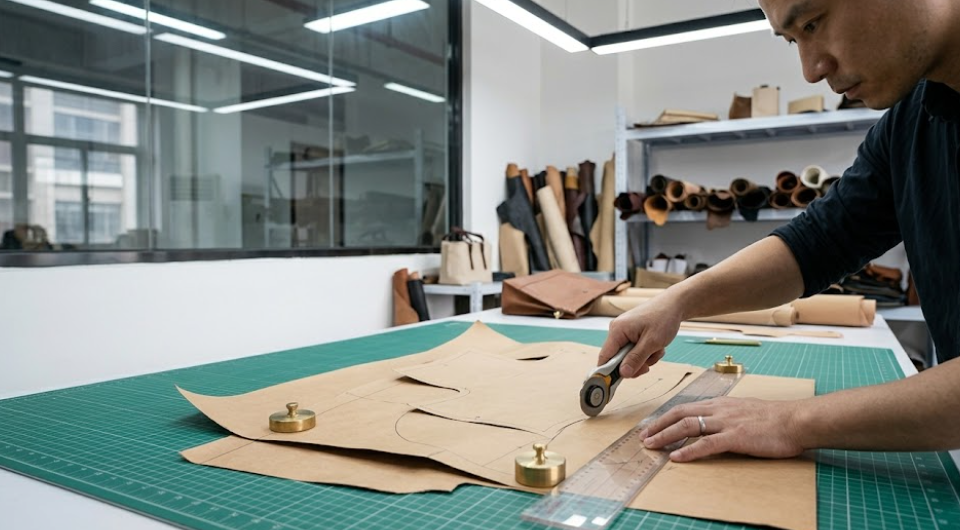 An experienced pattern master precisely cuts a custom leather bag prototype in a clean design studio