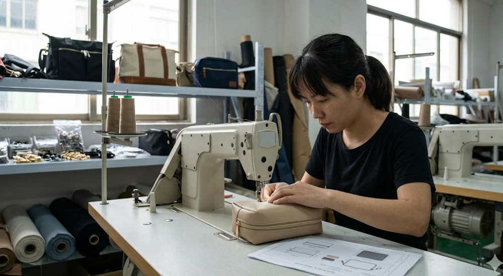 Artisan sewing a custom PU leather makeup bag in a Huadu workshop