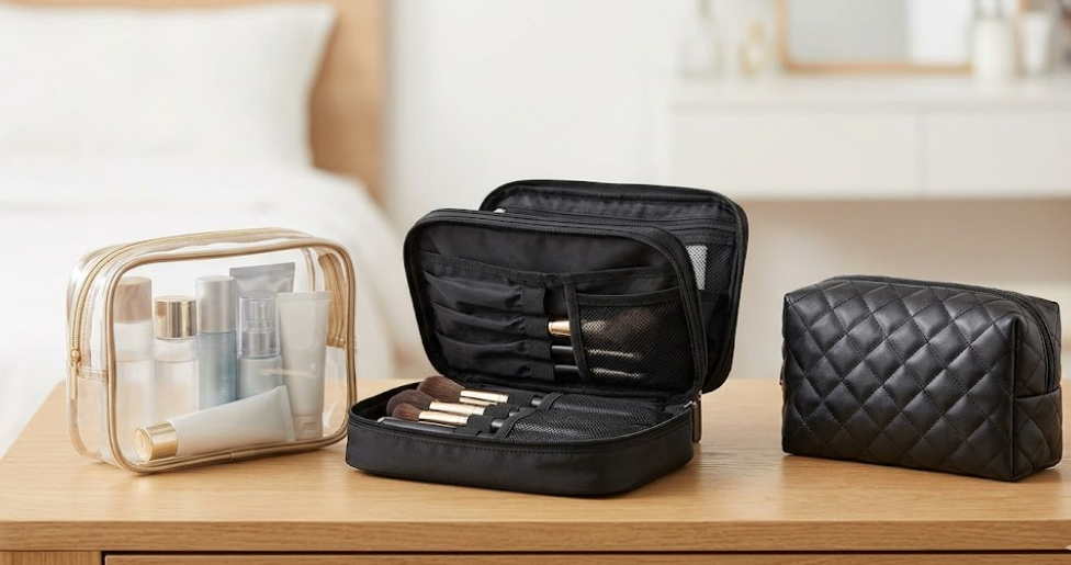 Assortment of custom makeup bags including transparent TPU and quilted leather styles