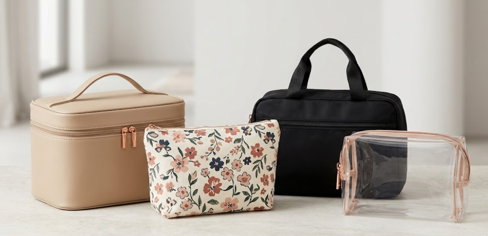 Assortment of stylish cosmetic bags in different materials and sizes