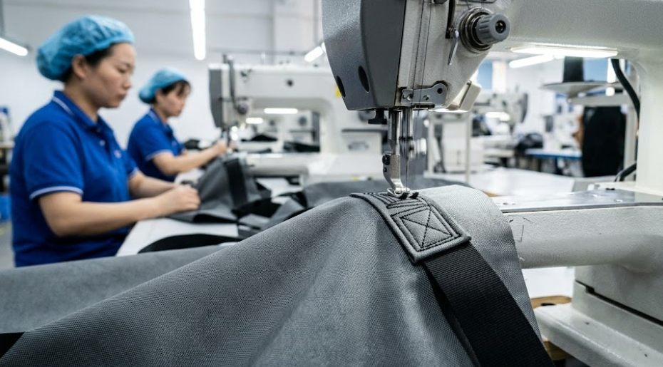 Automated sewing station precisely stitching a reinforcement point on a grey nylon backpack in a Guangdong factory
