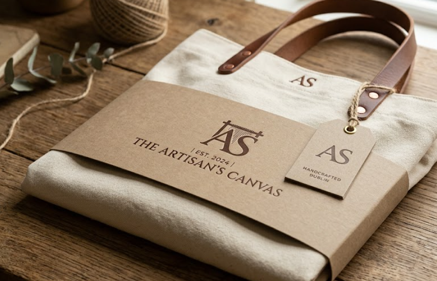 Canvas tote bag displayed with a visible label and tag attached, showcasing its design and branding details