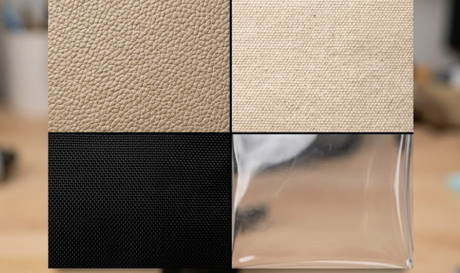 Close-up of common cosmetic bag materials including PU leather, canvas, and PVC