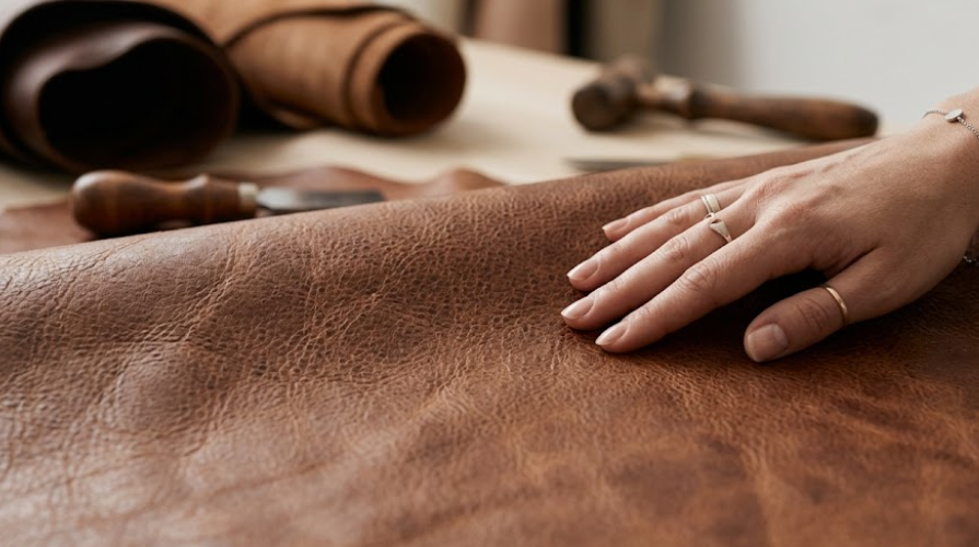 Close-up of high-quality full-grain leather with natural texture
