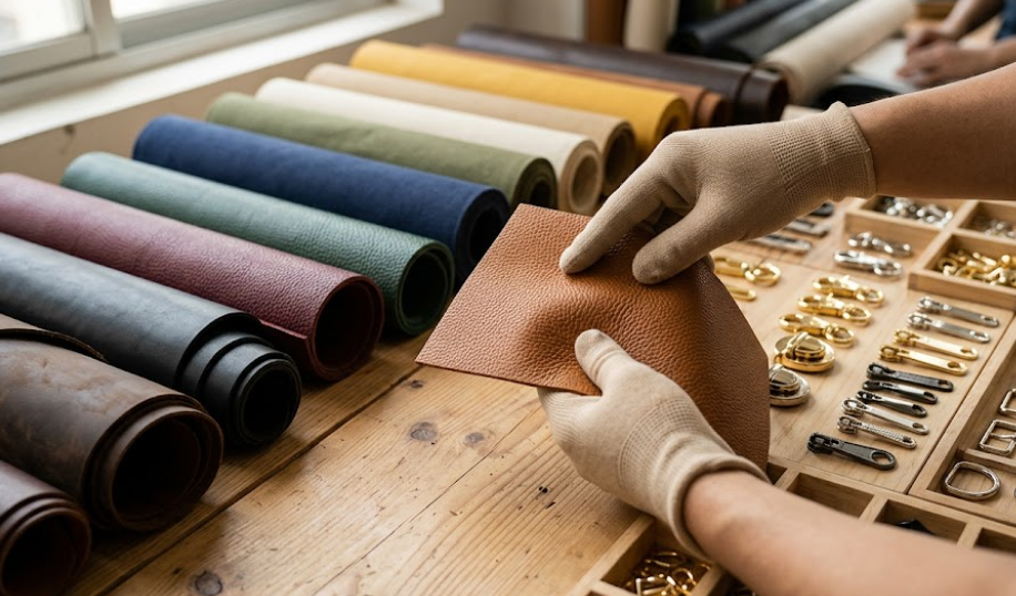 Close-up of premium leather, canvas, and metal hardware materials