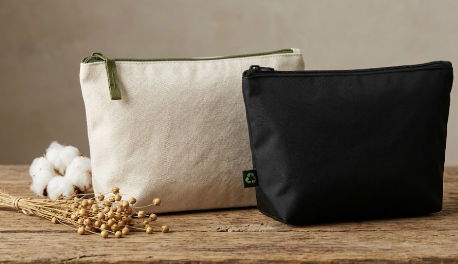 Eco-friendly makeup bags made from natural canvas and recycled RPET fabric