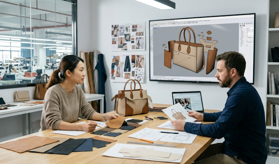 Handbag designers collaborating in a modern factory studio