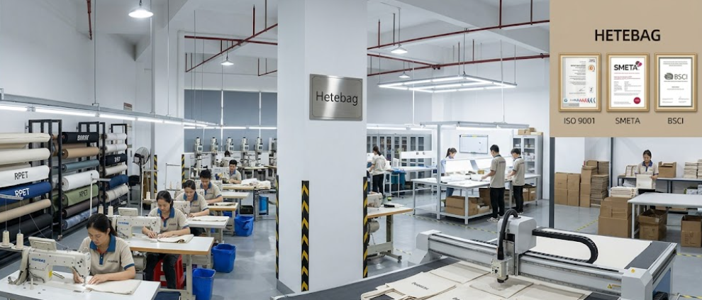 Fábrica de fabricación de bolsas a medida Hetebag, con líneas de corte y costura CNC.