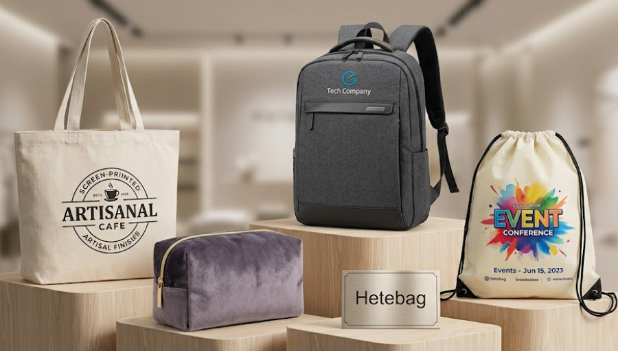 Hetebag custom bags display including canvas tote, RPET backpack, and drawstring bag