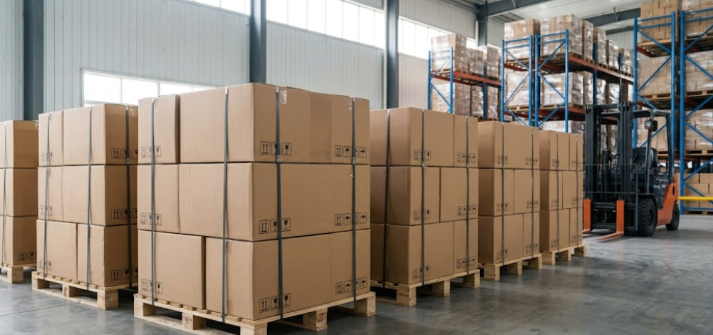 Organized factory warehouse with packed cartons ready for shipping
