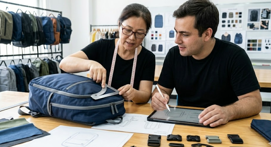 Pattern maker and designer reviewing structural details of a blue technical backpack sample in a well-lit studio