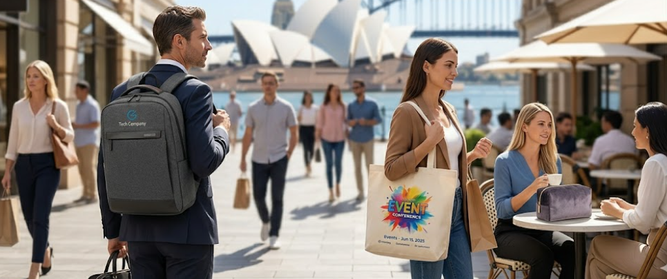 Personas con mochilas y bolsos de mano corporativos personalizados de Hetebag en Sídney, Australia