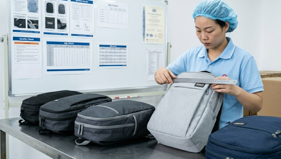 QC inspector checking the logo alignment of a grey backpack with a metal ruler on a clean inspection table