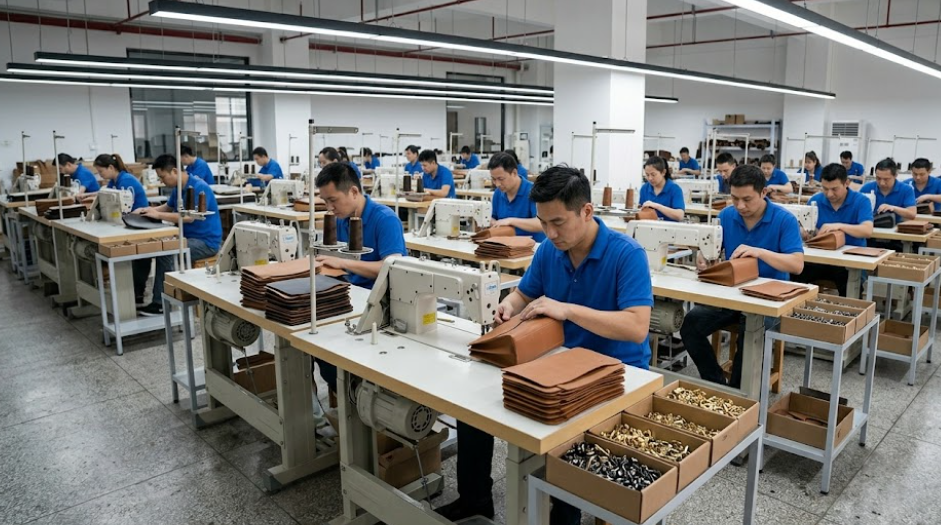 Skilled workers efficiently operate industrial sewing machines on a well-organized, modern leather bag assembly line