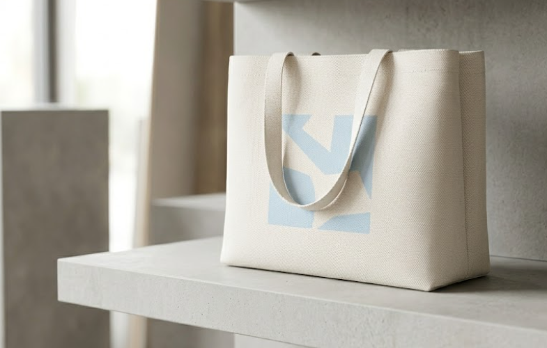 Structured plain woven canvas tote bag in a minimalist setting