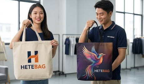 Two individuals are holding bags labeled hetebag, showcasing a casual shopping moment.