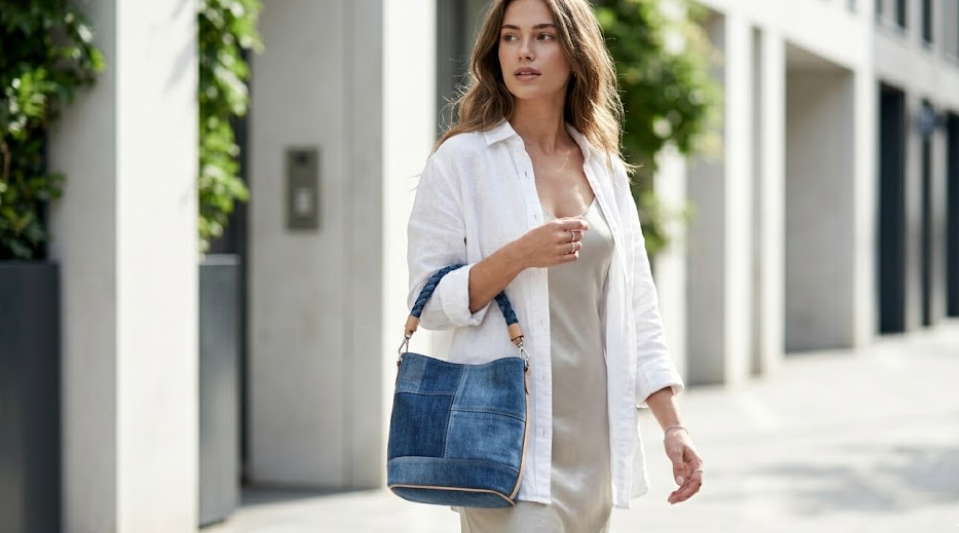 Young woman in urban setting with a denim bucket bag