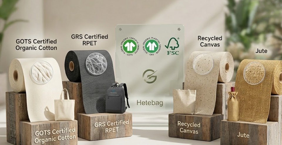 materiales ecológicos, como el algodón orgánico, el RPET con certificación GRS y el tejido de yute