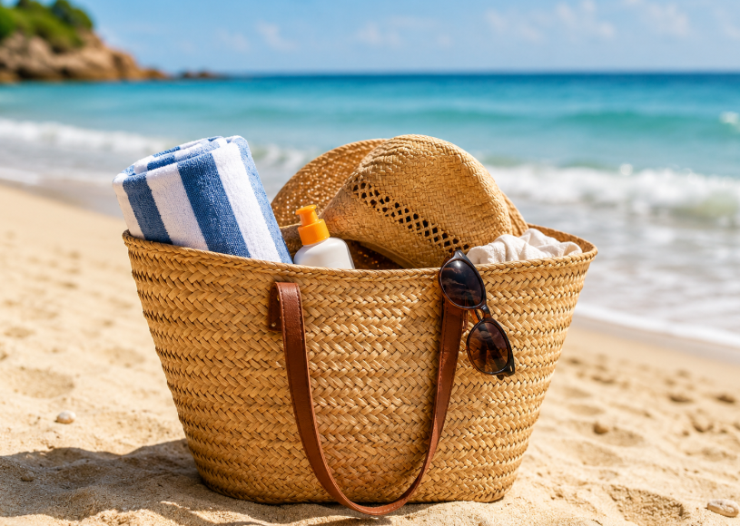 A Beach Bag And Sun Hat Resting On The Sand Symbolizing A Summer Vacation Theme