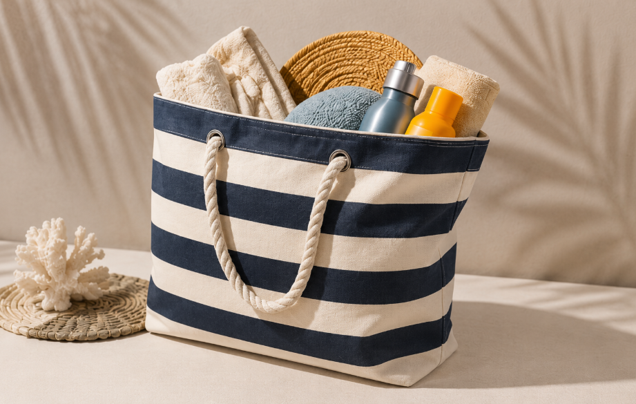 A Beach Bag Overflowing With Towels And Assorted Beach Gear Ideal For A Relaxing Seaside Outing