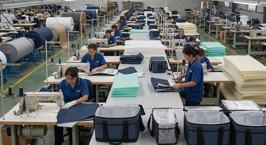 A Busy Manufacturing Workshop With Workers And Industrial Sewing Machines Assembling Cooler Bags