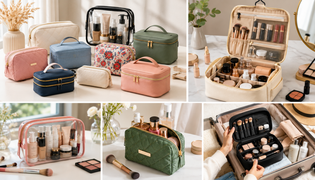 A Collection Of Makeup Bags In Various Shapes And Colors Displayed In A Visually Appealing Collage