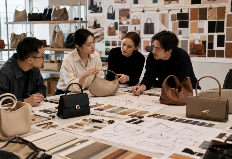 A Design Team Reviewing Handbag Samples Sketches Colors And Material Option