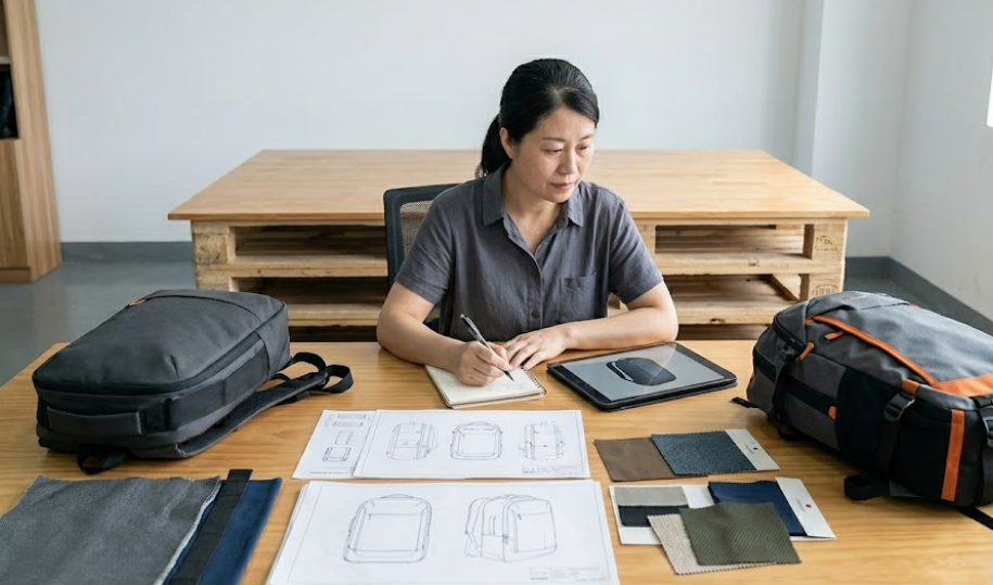 A designer reviewing a technical design for a custom backpack and a prototype