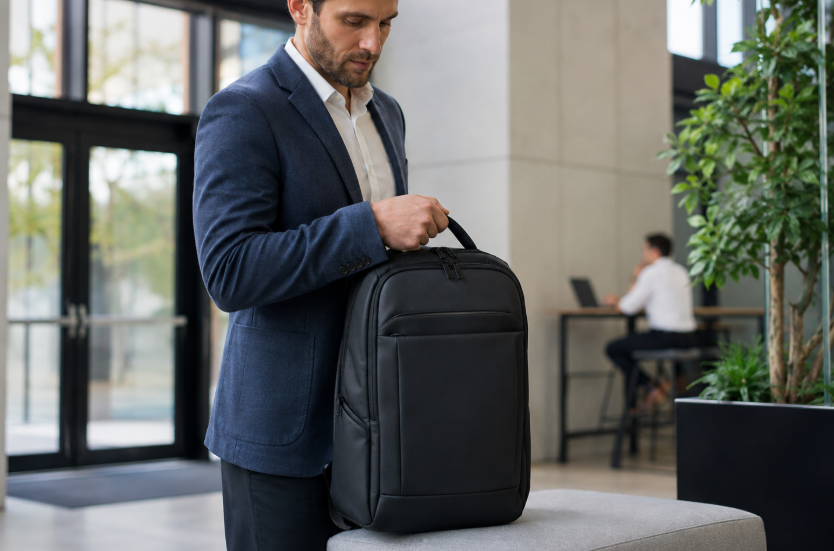 A Man In A Suit Stands Holding A Black Backpack Showcasing A Professional Yet Casual Appearance 2