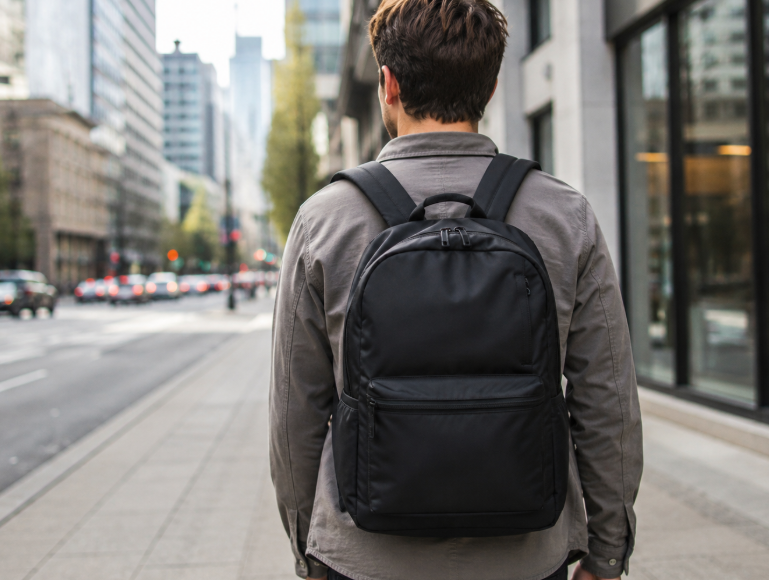 A Man With A Backpack Strolls Down A Street With Urban Scenery In The Background