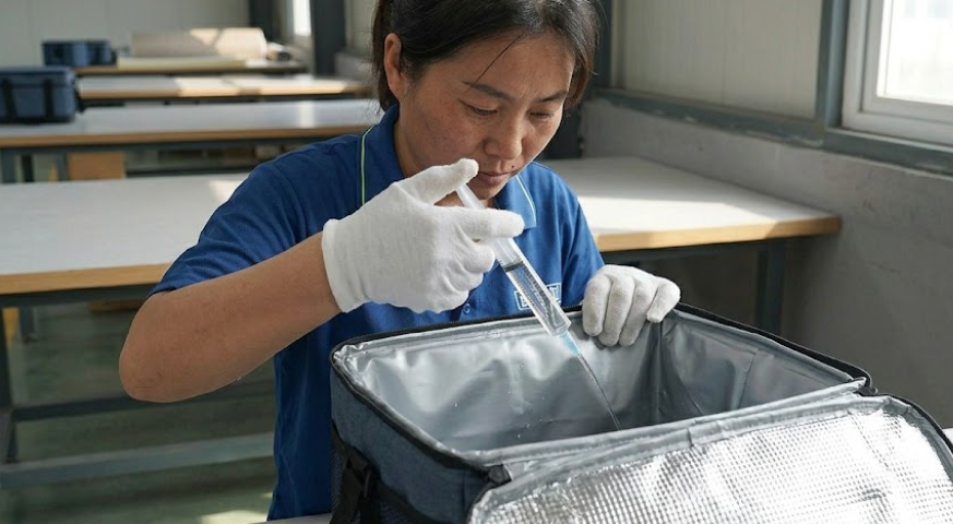 A Quality Control Inspector Testing The Waterproof Seal Of A Finished Cooler Bag