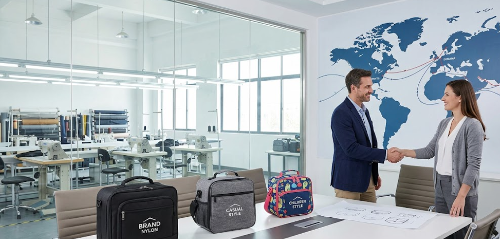 A Reliable Custom Lunch Bag Manufacturer Facility Showroom And Professionals Shaking Hands
