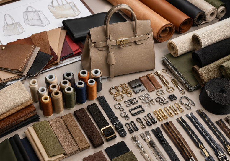 A Worktable Showing Leather Fabric Zippers Buckles Thread And Other Handbag Materials