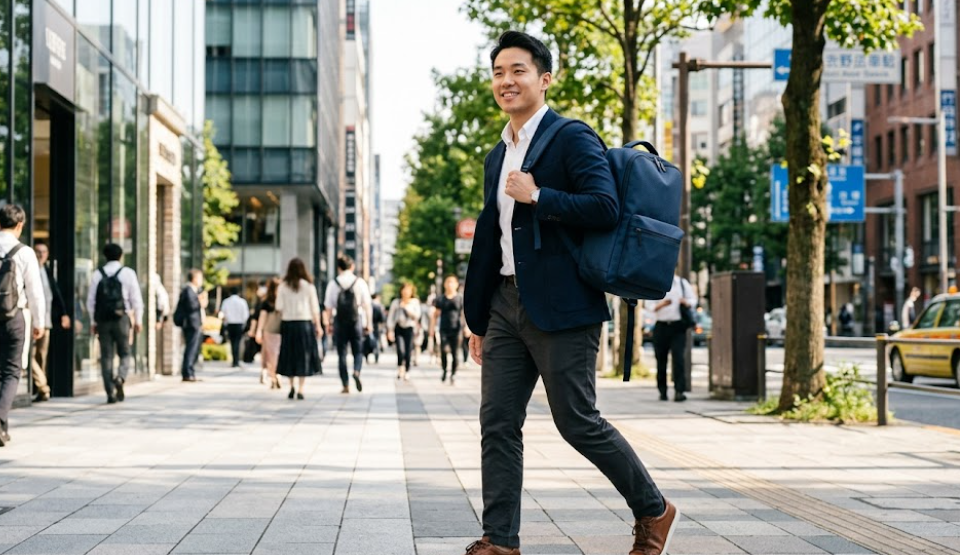 A young professional wearing a business casual outfit carries a premium navy blue custom RPET backpack in a busy city street