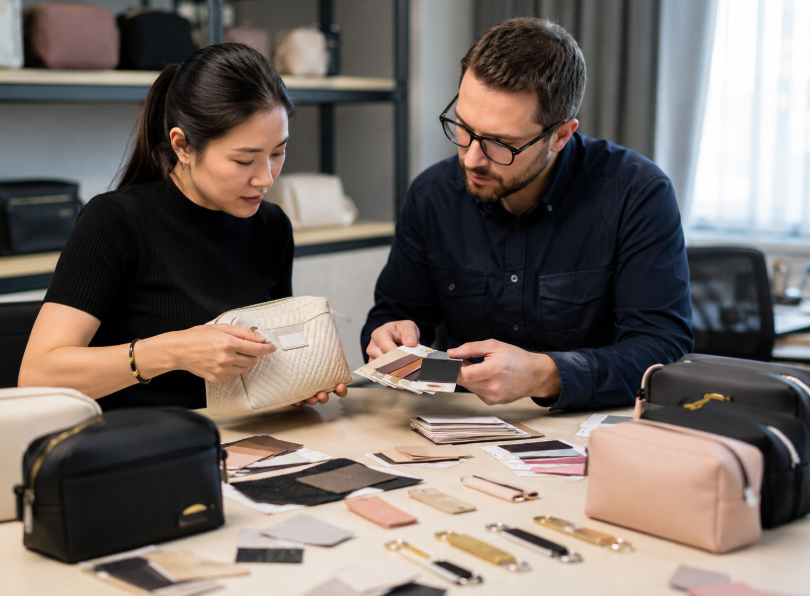 Buyer Reviewing Cosmetic Bag Samples And Materials With A Supplier