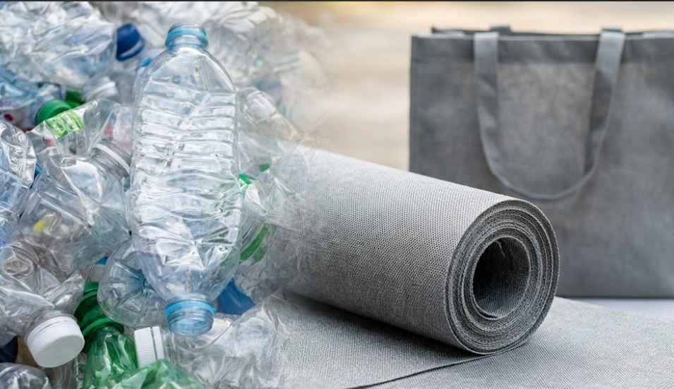 Clear plastic bottles transforming into textured grey recycled fabric rolls and a sustainable tote bag